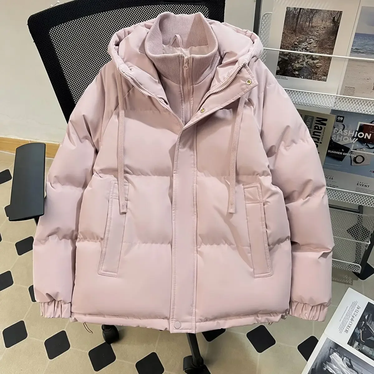 

Couples Bread Clothes Ultra Short Sleeveless Loose Fit Zipper Pure Color Women's Thickened down Cotton Jacket Coat Hooded