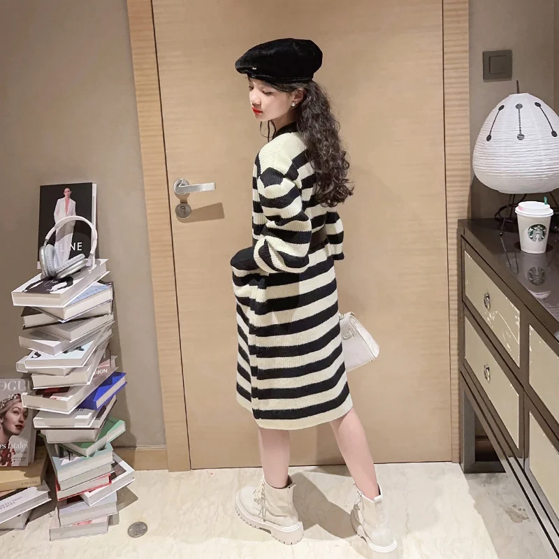 New Fashion Kids Long Knitted Sweater Dress female Girl Striped Knitwear One-piece Dress With Belt Teens Child Casual Streetwear image 3