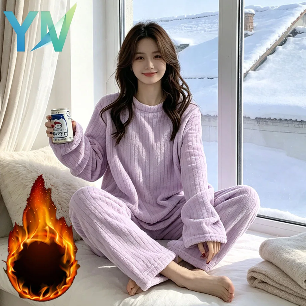 Womens Coral Fleece Pajama Set Comfy Snug Loose Fit Soft Cozy Loungewear Indoor Outdoor Casual Pretty Style Fall Winter