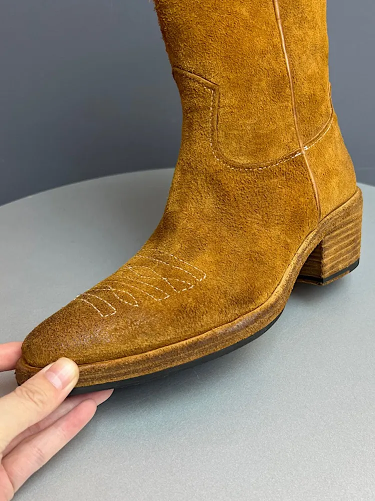 Designer Women Cow Suede Leather Pointed Toe Slip On Ankle Boots Solid Color Fashion Lady Comfortable Height Increasing Footwear