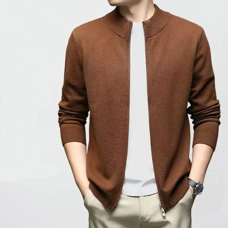 Men Stand Collar Full Zip Textured Fabric Long Sleeve Knit Cardigan