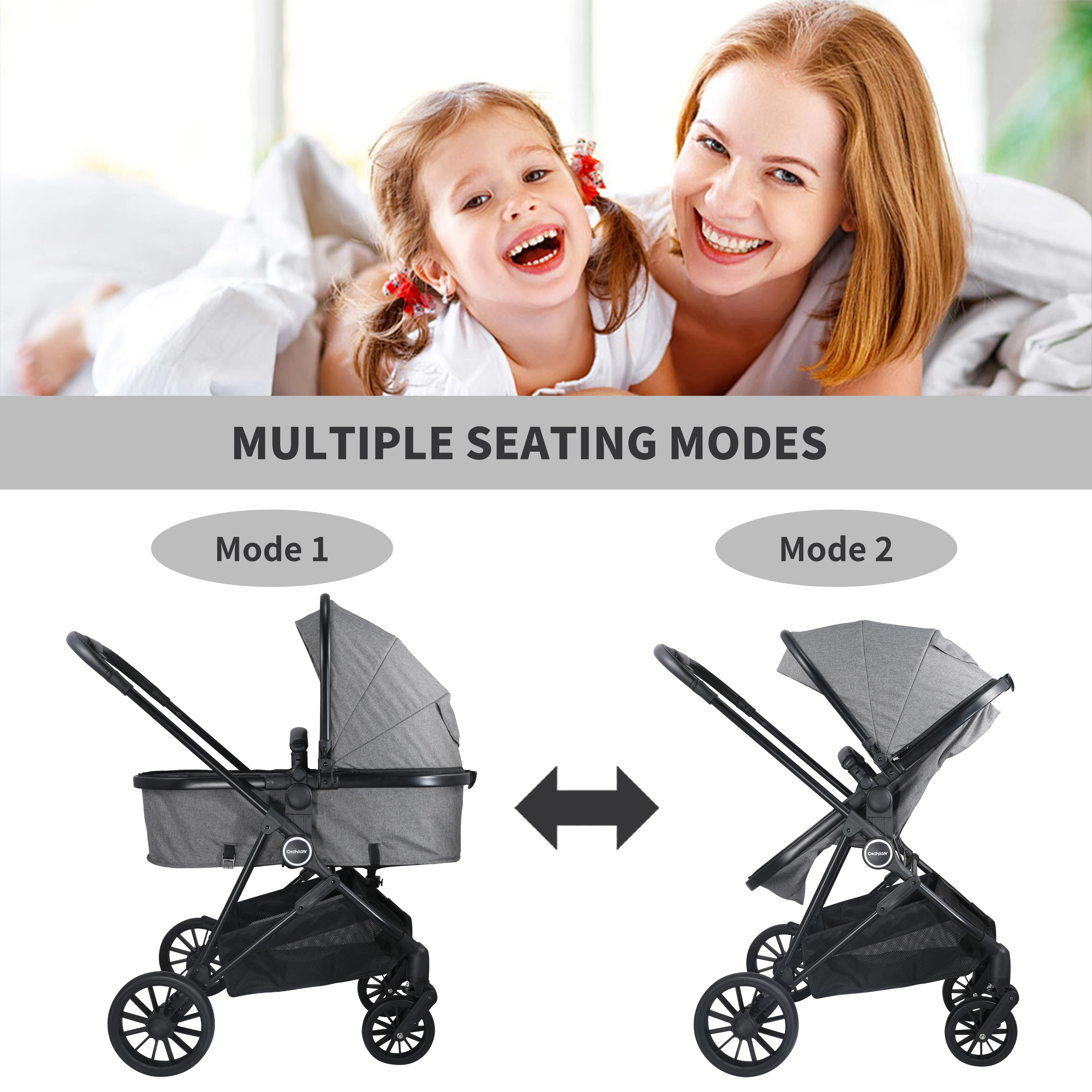 ベビーカー 2-in-1、折りたたみ式キャンプトロリー、双方向プッシュ、調節可能なサンシェードルーフ、秋の外出に最適