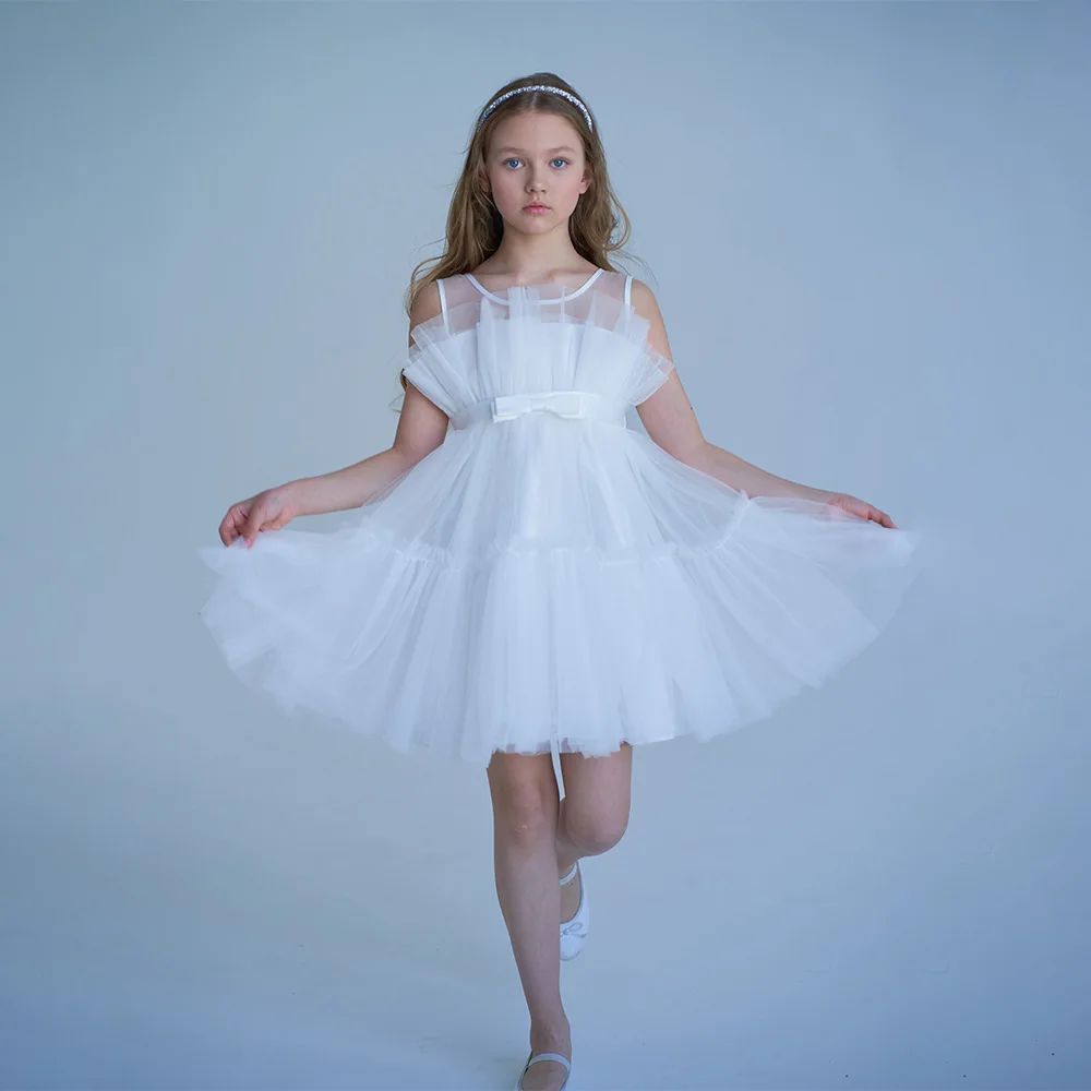 Flower Girl Wedding Dress Elegant Party Dresses For Girls Baptismal White Dress Children Princess Dress Kids Trailing Prom Dress