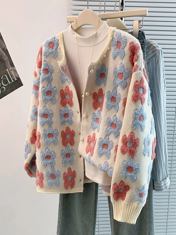 

Faionable Long Sve Knitted Cardigan Towel Embroidery Raised Flower Alluring Loose Fit Women's Sweater Coat for Autumn