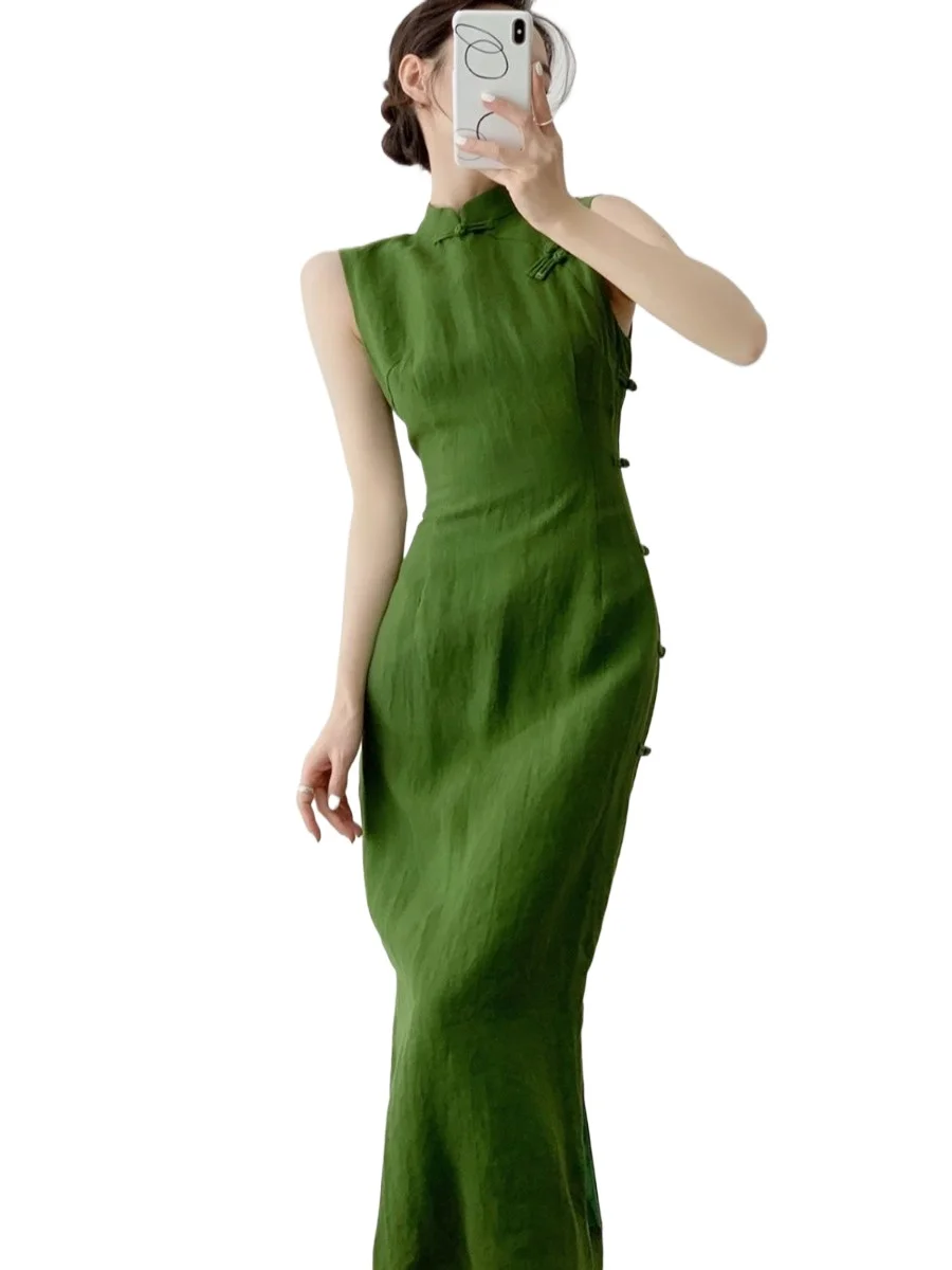 Retro Green Qipao Dress, New Chinese Cheongsam, Simple Long Gown Daily Wear 2025 Summer Traditional Chinese Dresses