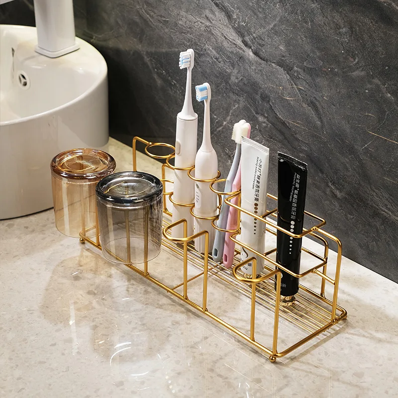 Luxury Gold Bathroom Storage Rack Iron Art Wall Mounted Toothbrush Holder Washroom Mouthwash Cup Organizer Bathroom Accessories