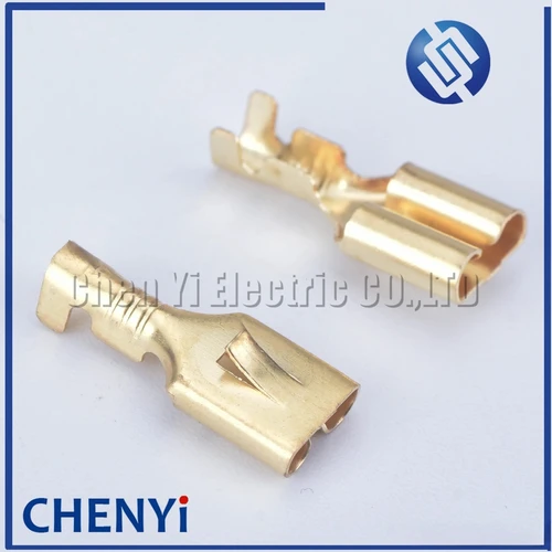 Imagen 2 del producto 50/100 Uds 6,3mm conector de Terminal de engarzado hembra latón dorado conectores de cable eléctrico juego de pines H62 para altavoz de relé de coche