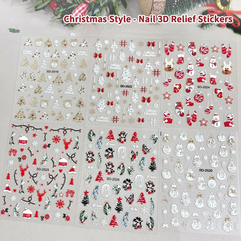 5D Embossed Christmas Nail Stickers Christmas Tree, Snowflakes, Elk, Snowman Nail Decal Autumn Winter Nail Supplies Decoration