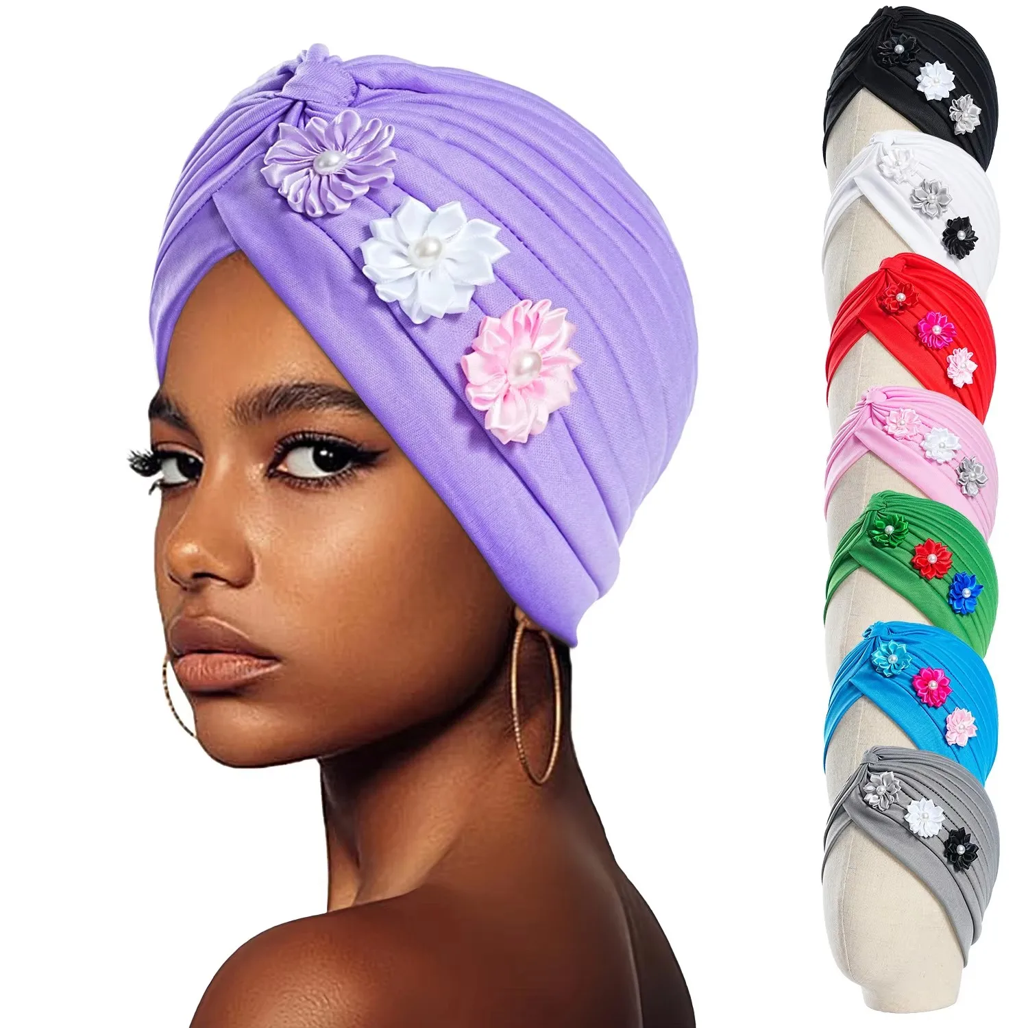 Flower Pearl Turban Pleated Inner Hijab Hat Women Chemo Cap 
