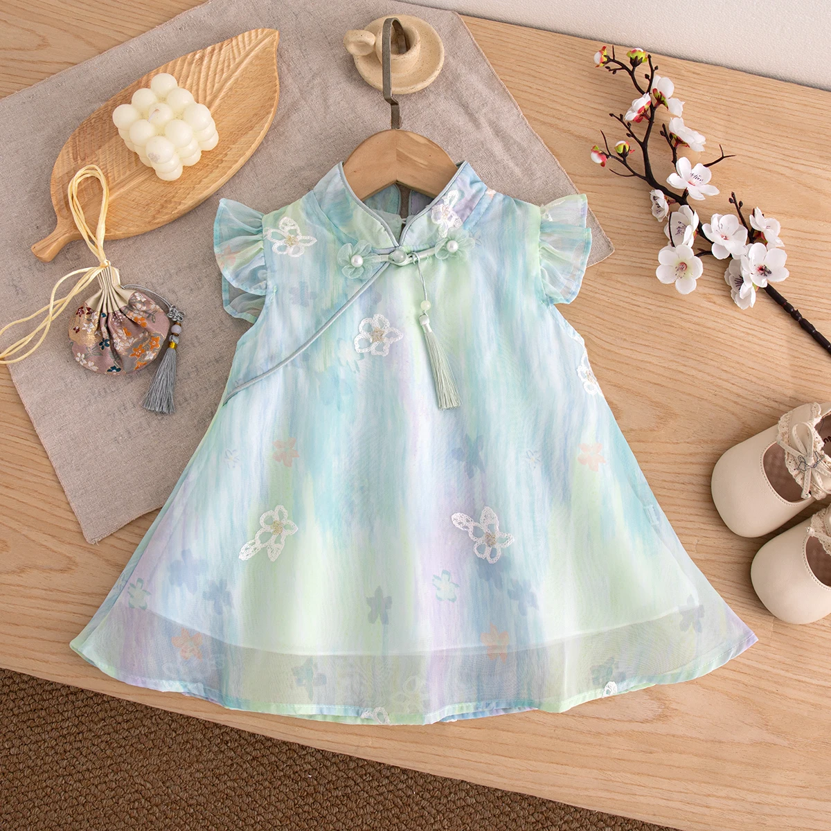 Toddler Girl Chinese Style Qipao Dress Gradient Watercolor Floral Embroidery Sleeveless Dress with Tassel Birthday Gift
