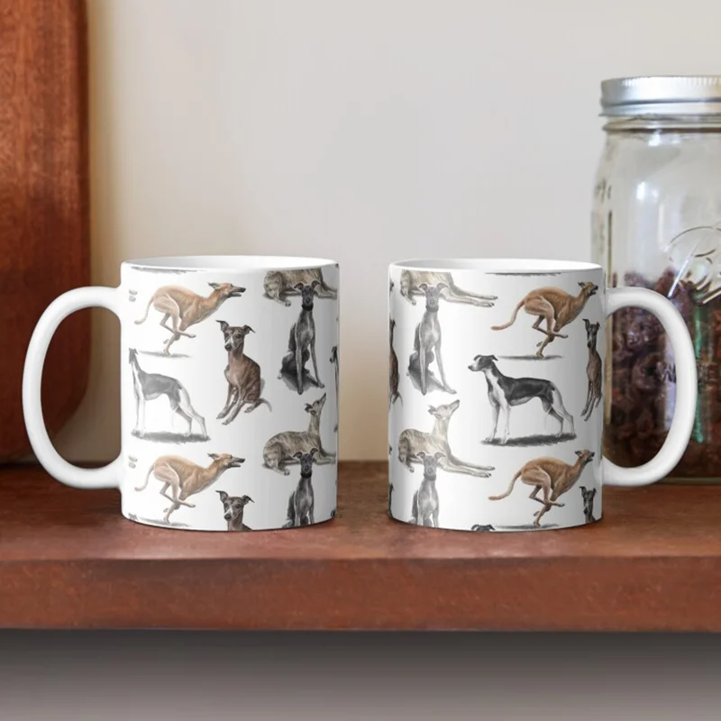 Vintage Watercolor Greyhound Collage Ceramic Mug Double Sided Print Porcelain Coffee Tea Cup Lovely Art Gift for Dog Lovers