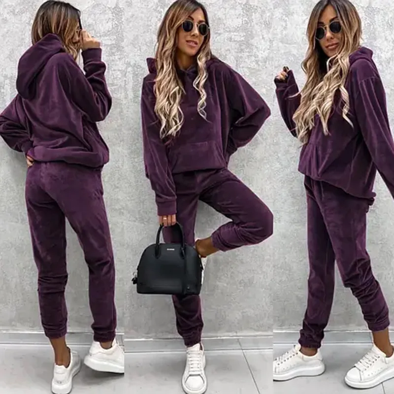 Women Sweatshirts Two Pieces Pant Sets Hooded Pocket Top Pullover Pencil Pants Thick Spliced Solid Casual Sporty Suits