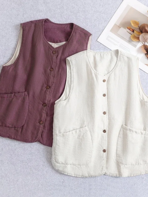 

Retro round Neck Cotton Liner Vest Women's Winter Warmth Underwear Single Button Sleeveless Top Quality Cotton Clothing