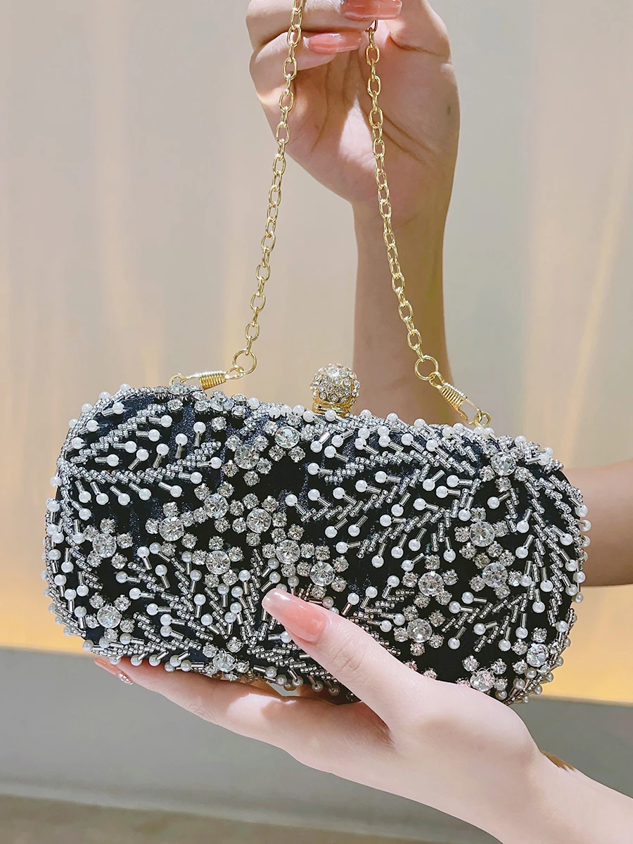 Faux Pearl & Diamond Kiss Lock Clutch Bag, Party Bag, Metal Chain Cocktail Handbag