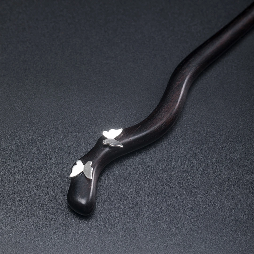 New 100% S925 Pure Silver Women\'s Men Retro Hairpin Ebony Wood Literary Butterfly Chinese style Hanfu Hair Accessories Jewelry