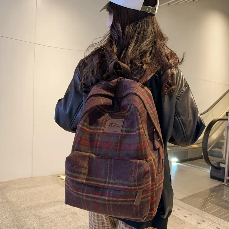 Backpacks Lattice Vintage Couple Canvas Bag Korean Harajuku Large Capacity School Backpack Unisex Stylish Plaid Ins