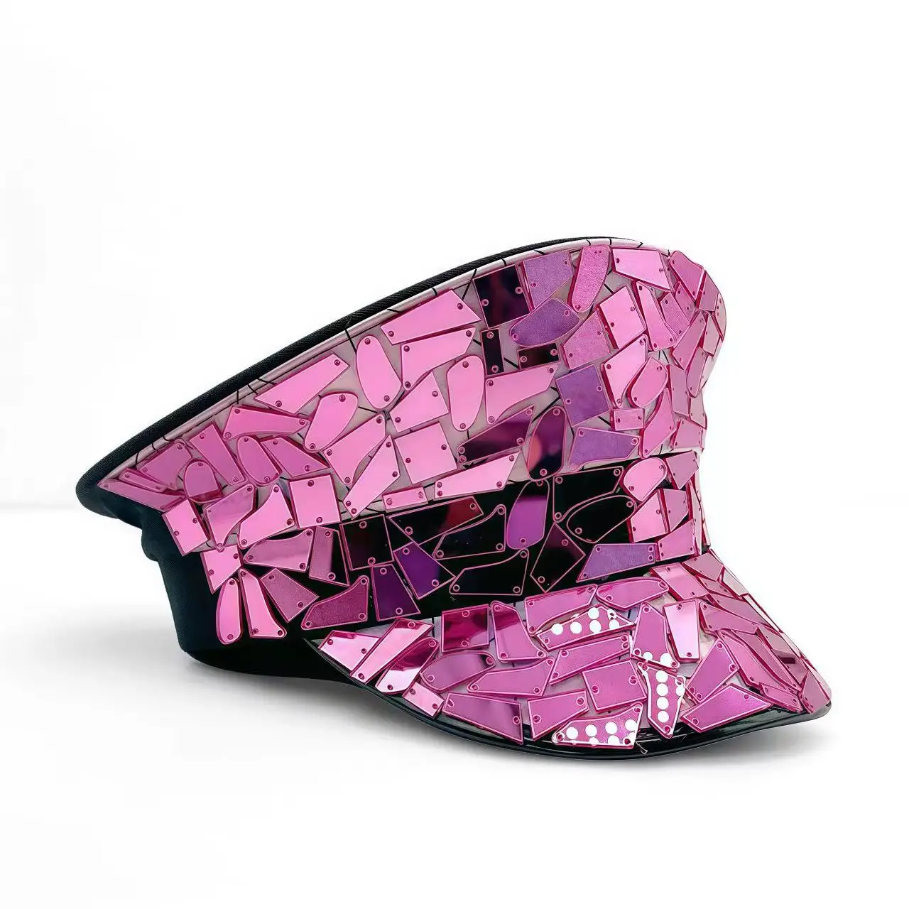 HongLuan gele laser lederen lus kapitein hoed strass & militaire petten voor dames, Rave Festivals accessoires & feestpet man