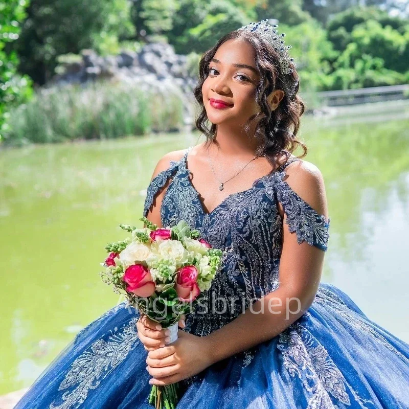 Angelsbridep-Vestido de baile azul marinho, vestido luxuoso Quinceanera, festa de aniversário, apliques brilhantes, 15 anos