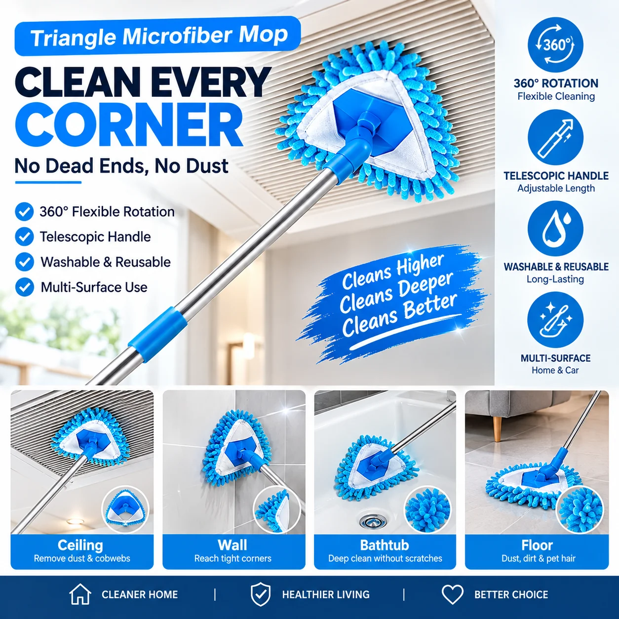 Blue Chenille Triangular Mop Replacement Pads Microfiber Refill Head Dust Removal Ceiling Floor Cleaning Duster
