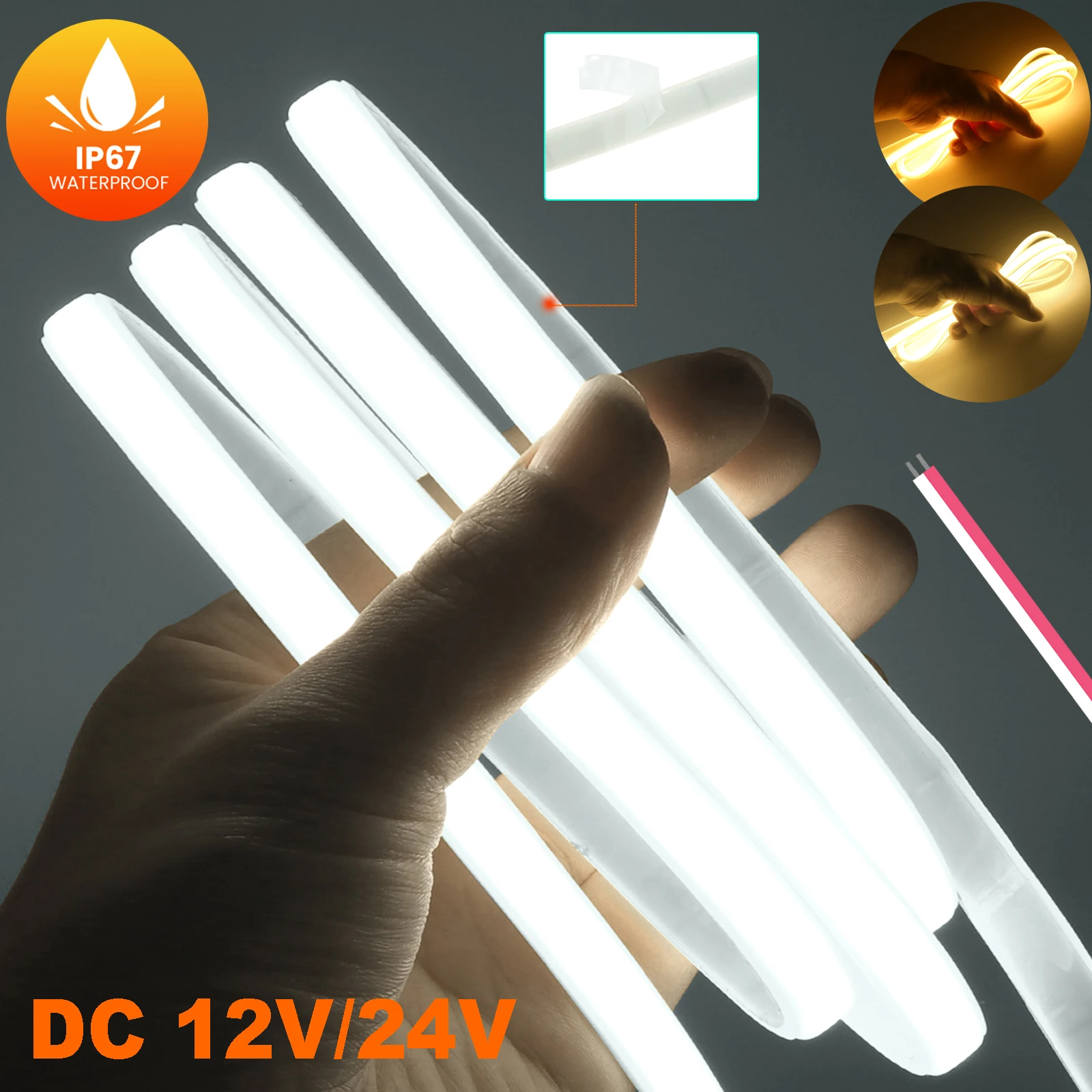 12V 24V COB LED Strip Neon Light Waterproof High Bright 320LEDs Warm Natural White Adhesive Flexible Ribbon Tape Home Decoration