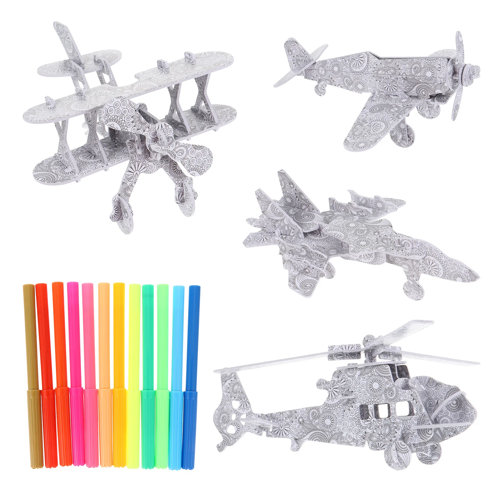 Juego de pintura de rompecabezas DIY de avión 3D, 4 Uds., incluye 12 bolígrafos para niños, arte creativo, artesanía, regalo educativo, rompecabezas 3D