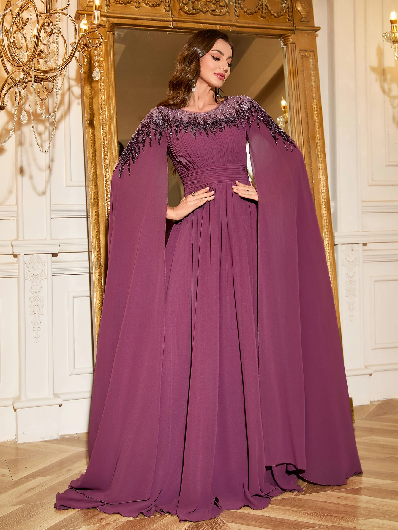 UNITHORSE المرأة أنيقة جولة الرقبة العائمة قطعة كم Ruched التمثال الترتر المرقعة الخرز مساء اللباس