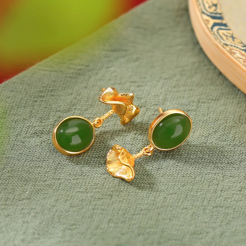 S925 Sterling Silver Gold-Plated Hetian Jade Retro Ruffle-Shaped Stud Earrings With Style Charm