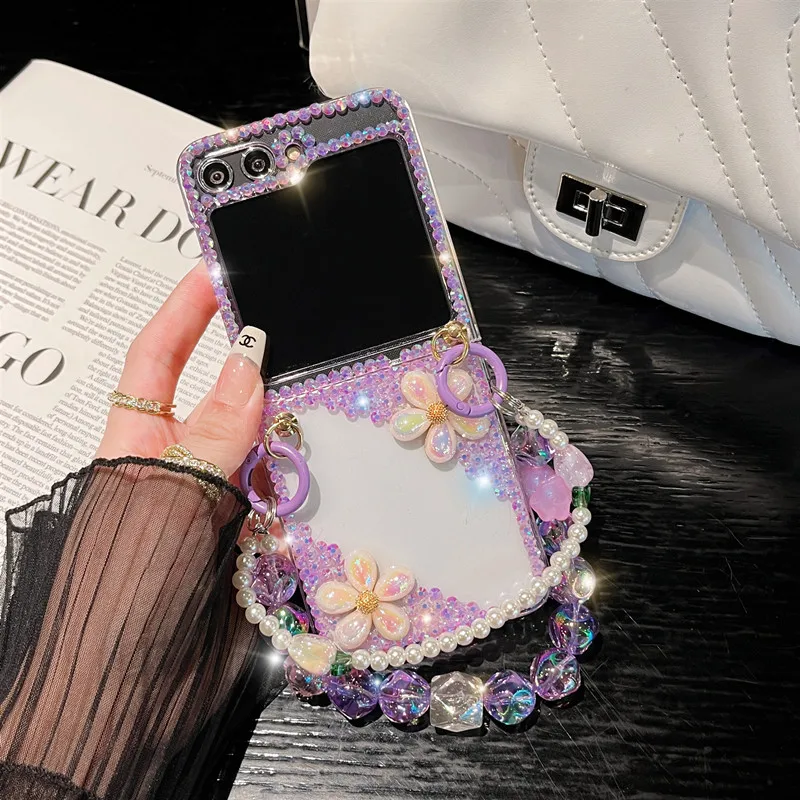 

Bling Diamond Crystal Beads Bracelet Case For Samsung Galaxy Z Flip6 Z Flip5 Z Flip 4 3 Glitter Flower Clear Protective Cover
