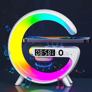 무선 충전기 스테이션 RGB LED 데스크 램프 알람 시계 블루투스 스피커, 아이폰 삼성 화웨이 고속 충전 스탠드 패드, 15W 