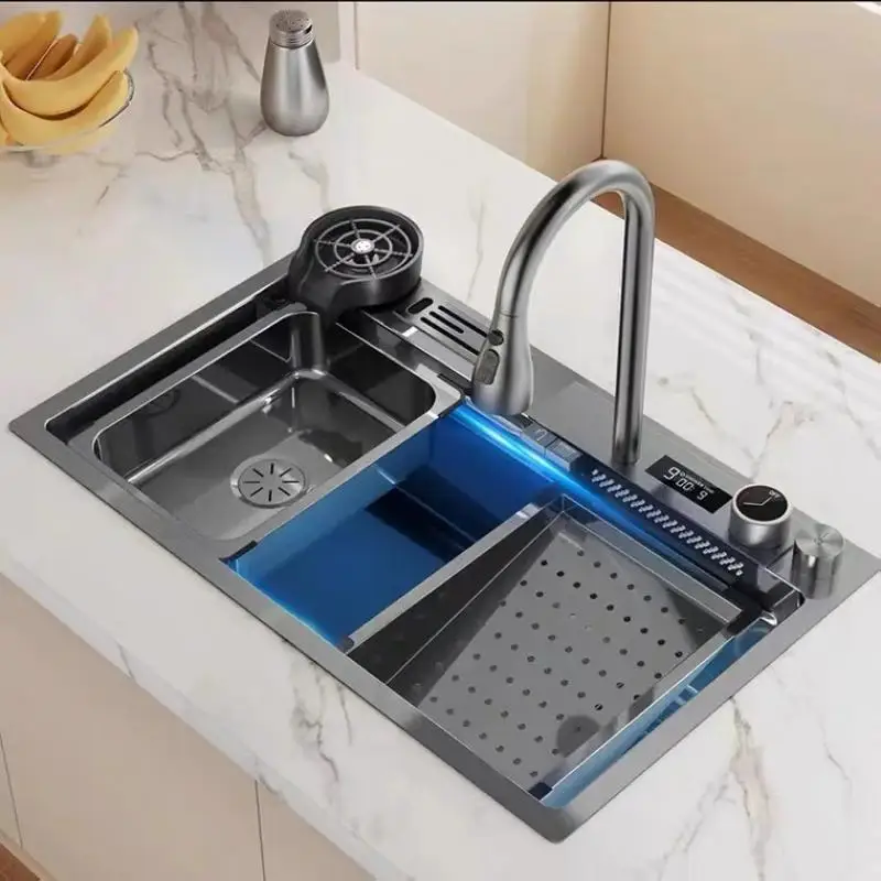 

Waterfall Kitchen Sink Nano Stainless Steel Kitchen Sink Large Single Slot Accessories Waterfall Faucet For Kitchen Renovation