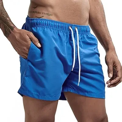 Men\'s Beach Shorts Summer Solid color Drawstring Fashion Men\'s swim Trunks Elastic Waist 3D Print Sport Travel Breathable Shorts