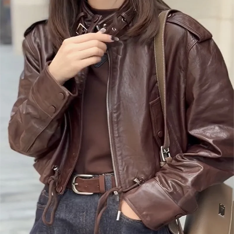 American High Street Sle ort cuero genuino Jaet mujer otoño motocicleta abrigo con Bule Vintage Top irt