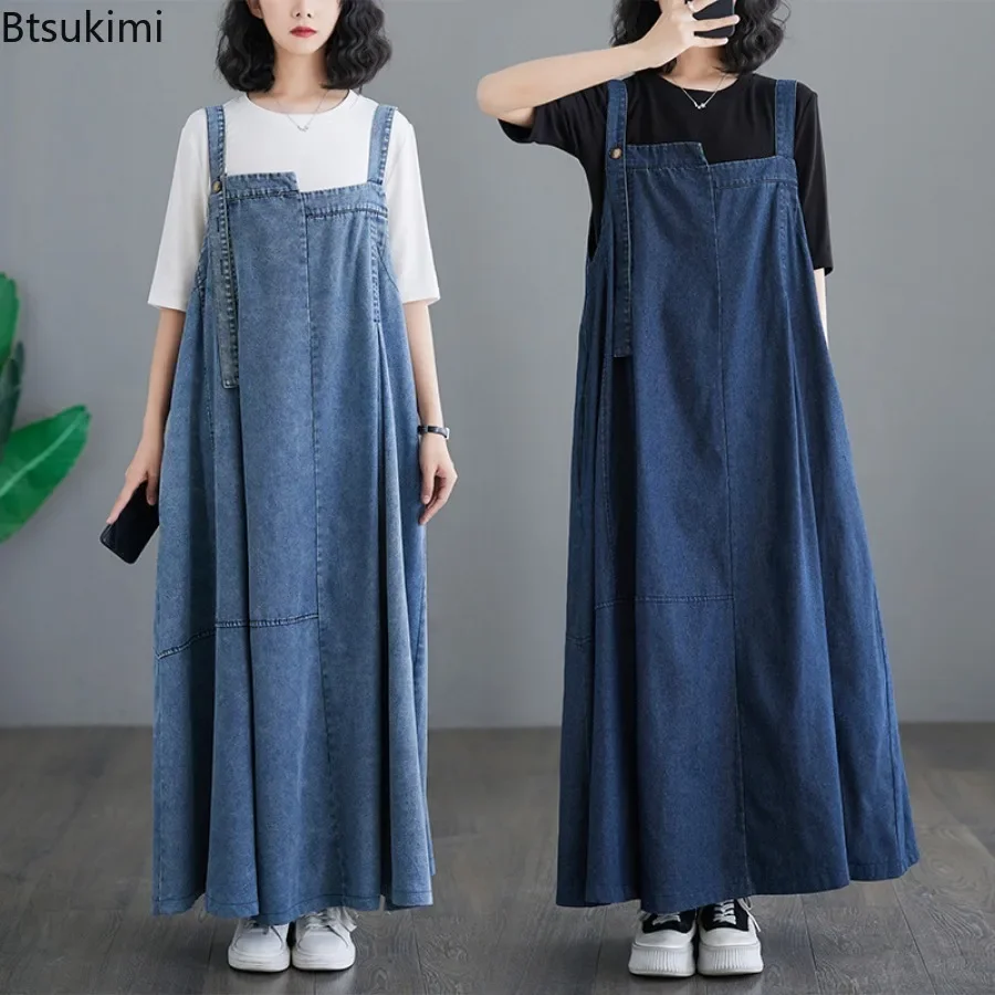 

Large Size Women's Clothing 2025 New Suspender Long Dress Fashion Vintage Loose Casual Big Hem Dress Ladies Denim Straps Skirts