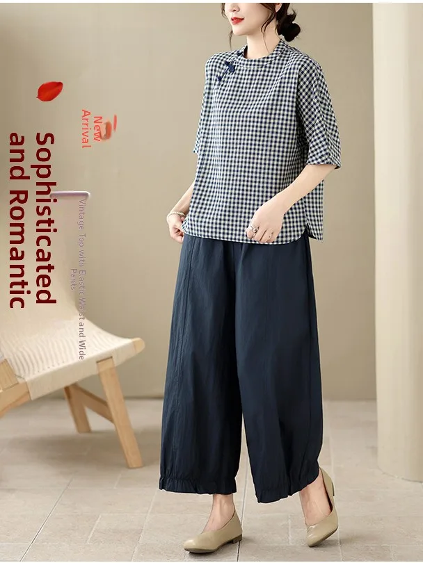 

New Chinese Style Cotton Linen Plaid Shirt Lantern Pants Two-Piece Set Women Summer High Waist Loose Fit Breathable Casual Fa...