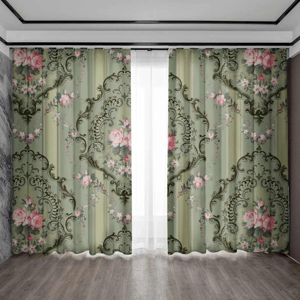2PC Home Decoration Curtains With Retro Patterns And Rod Pockets, Kitchen, Coffee Shop, Living Room, Balcony, Garden