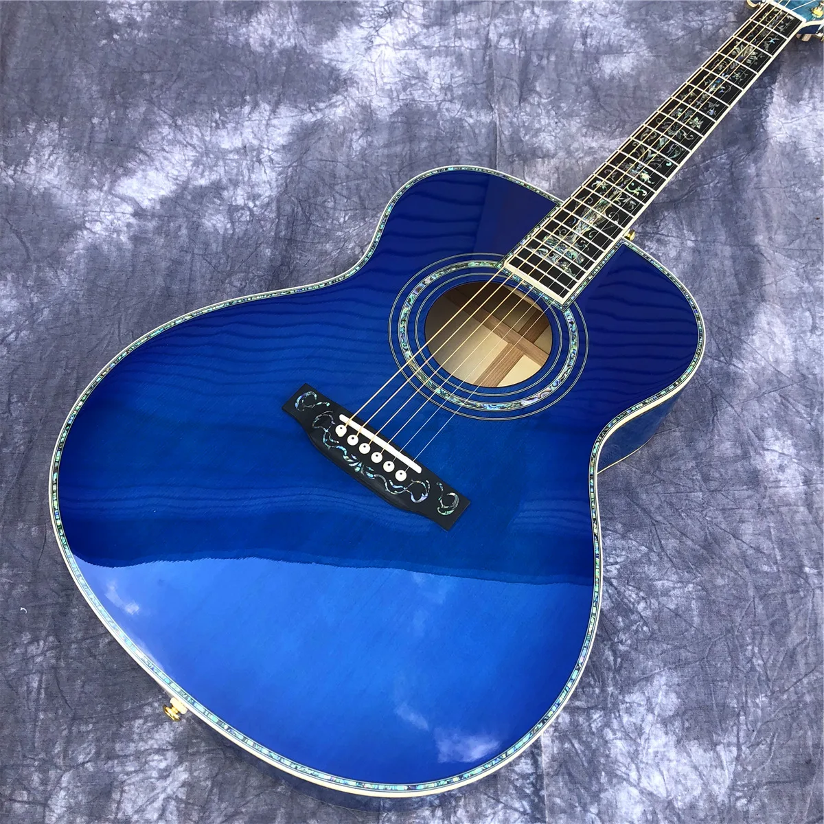 

Burst Blue Maple 40 inches OM Type Acoustic Guitar Solid Spruce Top Ebony fingerboard Real Abalone Inlays Guitar