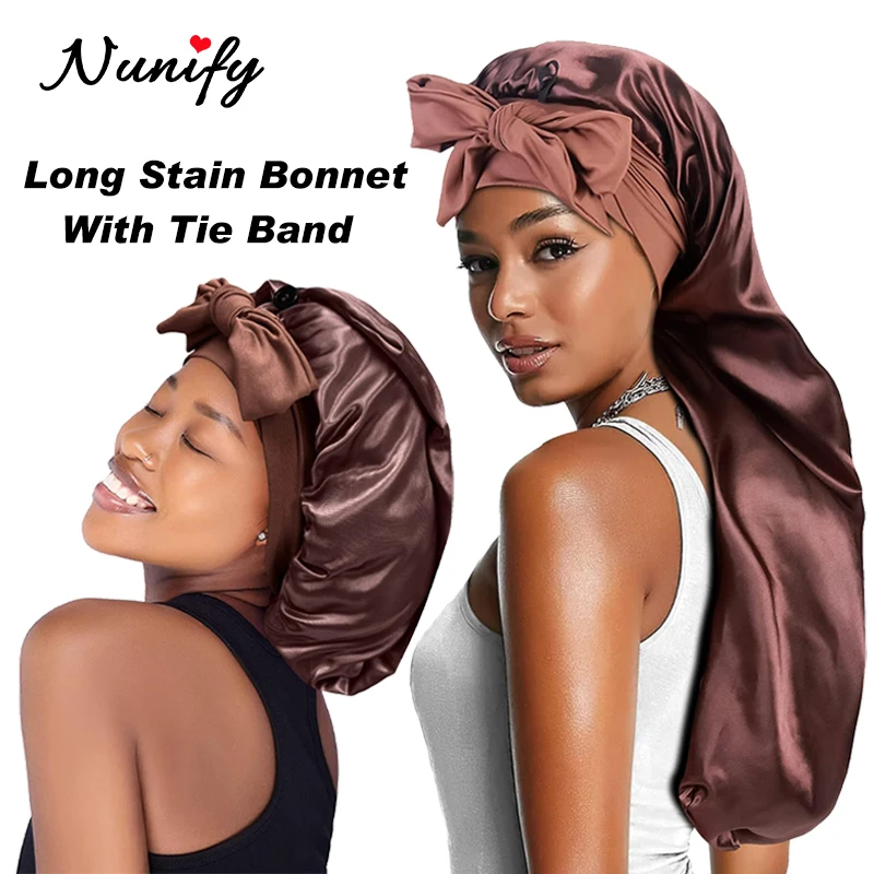 

3Pcs Satin Tie Bonnet For Sleeping Long Braids Cap For Black Women Green Adjustable Silk Sleep Cap Pink 76Cm Long Hair Bonnet