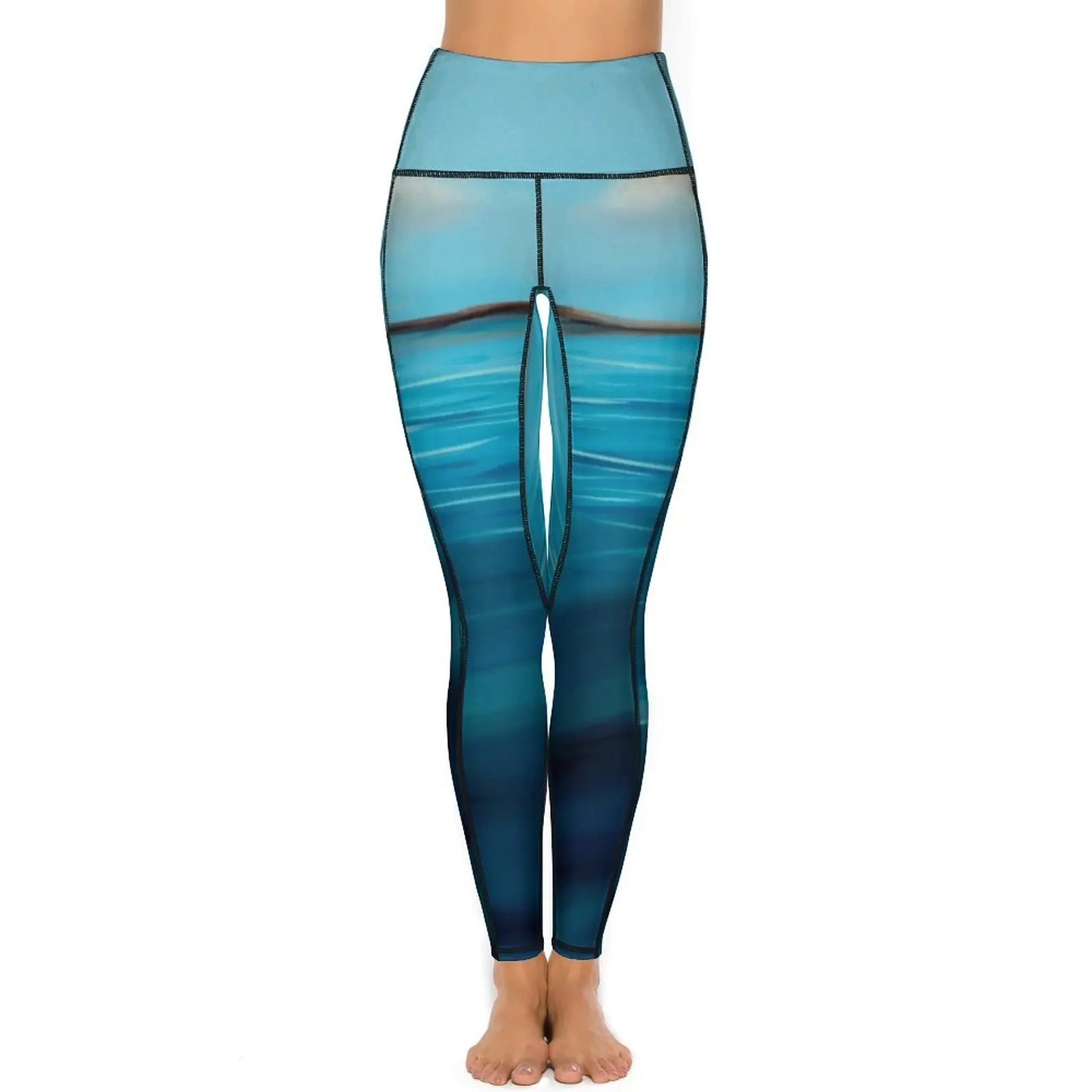 Blue Beach Pirnt Leggings Sexy Seaside Landscape Gym Yoga Pants High Waist Stretch Sports Tights Pockets Elegant Graphic Leggins