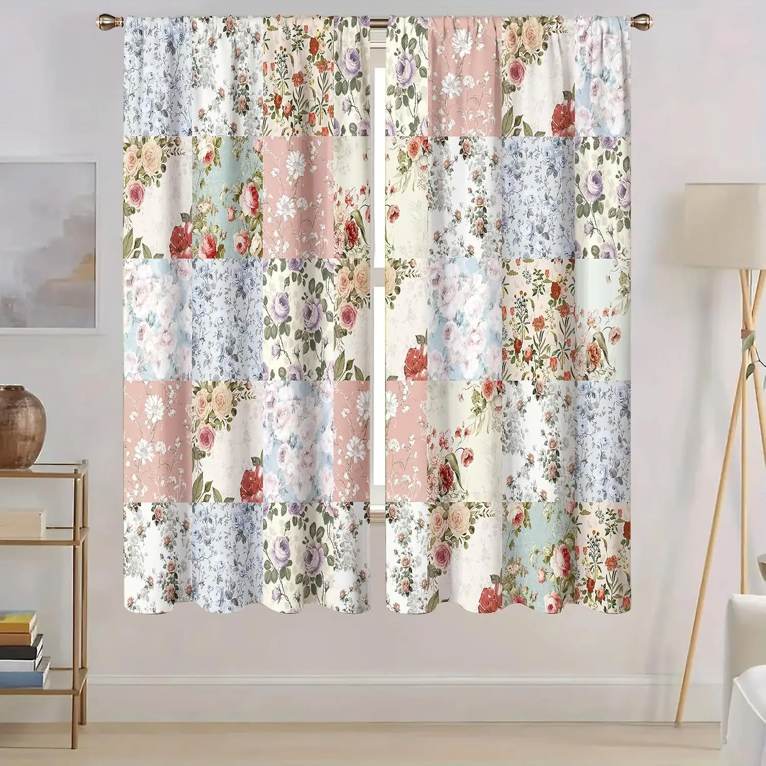 Patchwork Floral Curtain 2 Panels, Vintage Rose Grid Multi Color Pastel Print, Drapes for Bedroom Country Decor Curtain