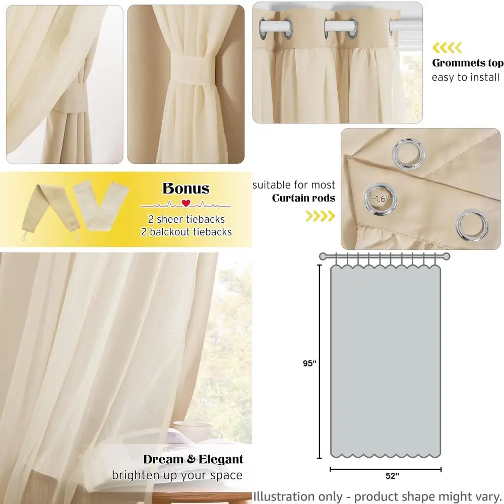 

Комплект из двухслойных полупрозрачных бежевых и светонепроницаемых штор для спальни/гостиной девочки (1 пара, 95 дюймов, с подхватами)