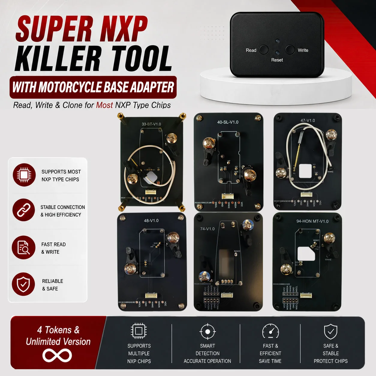For Motorcycle Key All NXP Smart Keys Clones 4 Tokens & Unlimited Version Super NXP Killer Read Copy Device With Adapter Base