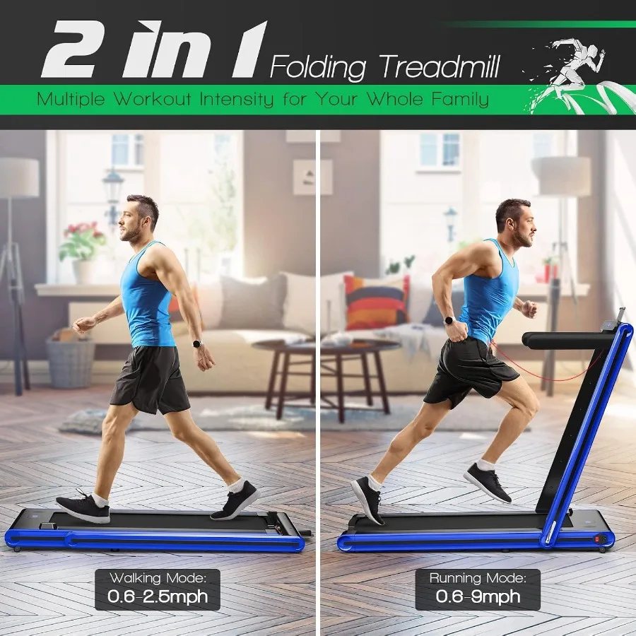 Home Gym Under Desk Treadmill Navy Folding Walking Pad with Dual LED Display APP Remote Control for Small Spaces