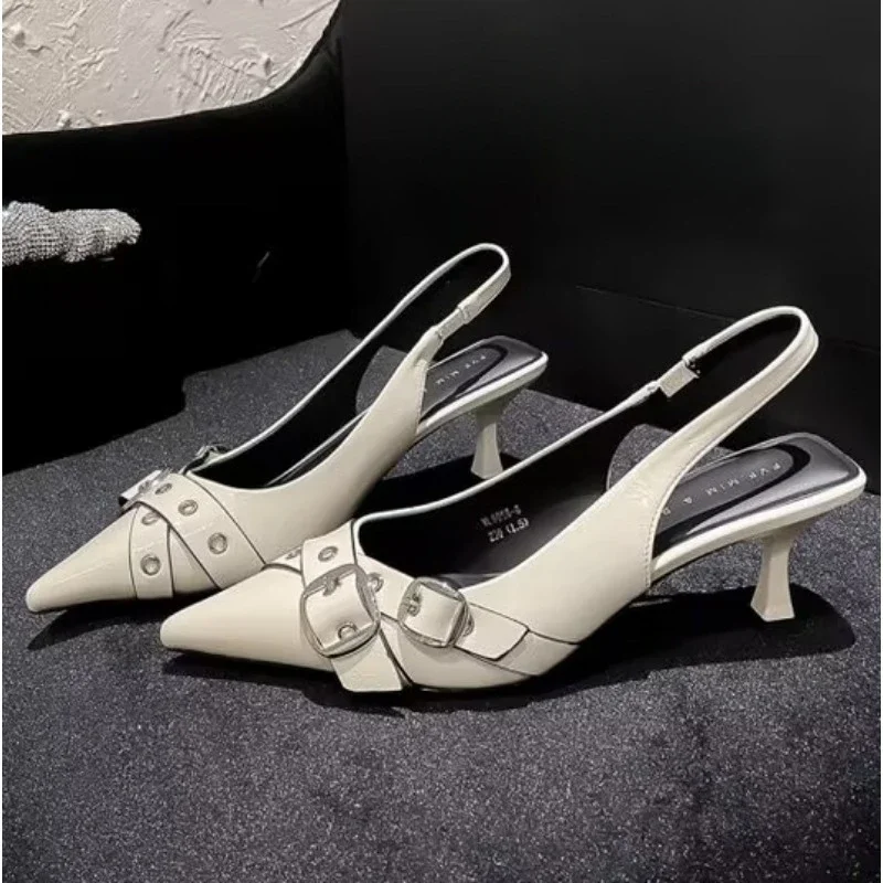 

Luxury Brand Designer Women Sandals Fashion Pointed Toe Buckle Strap Metal High Heeled Kitten Heel Elegant Single Shoes Female
