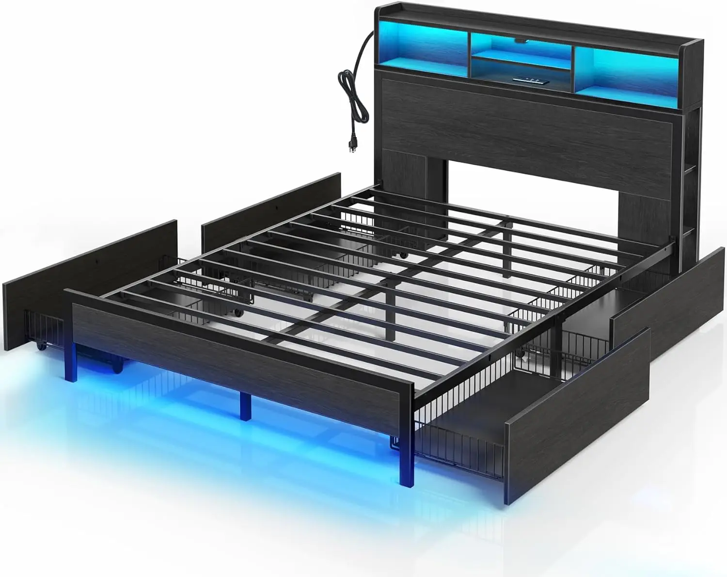 Queen Bed Frame with Storage Headboard, Metal Platform Charging Station, LED 4 Drawers, Bookcase Storage, No Box