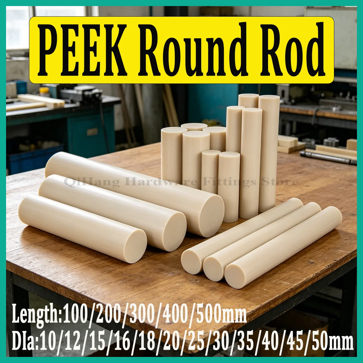 PEEK Round Rod 100-500mm Length, Dia 10-50mm High Performance Engineering Plastic Bar, CNC Machinable for Industrial Use