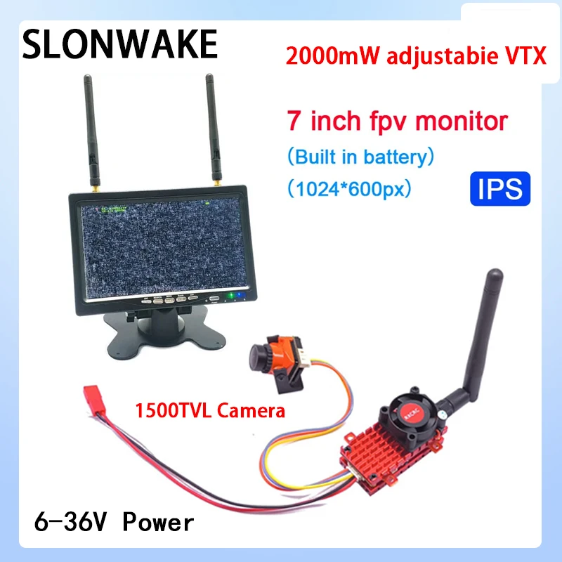 5.8G 2000mW VTX 송신기 내장 마이크, CMOS 1500TVL 카메라, 7 인치 HD IPS 1024x600 fpv 모니터, RC 부품용