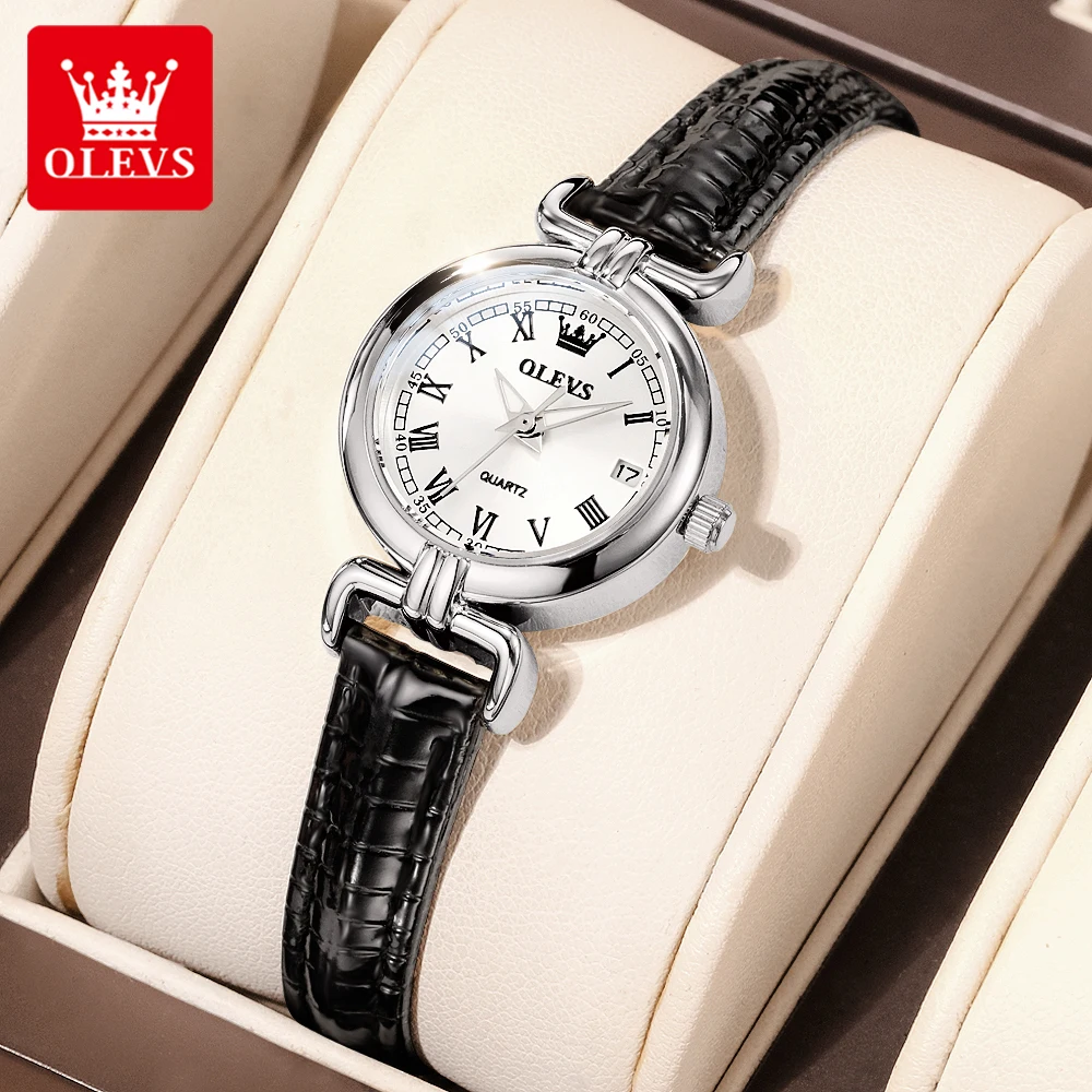 OLEVS 5645 Women Watch Quartz Movement Fashion Watch Gift Round-dial Leather Strap Wristwatch Calendar Window Luminous Watch