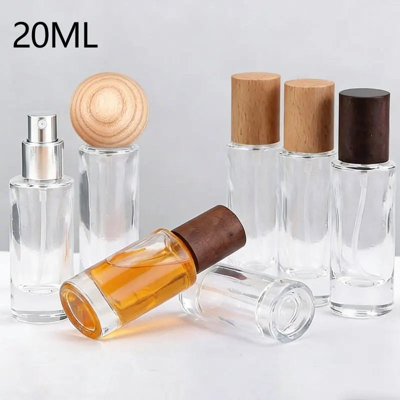 Botella de Perfume Portátil de 20 ml con Tapa de Madera de Haya, Botella de Vidrio Recargable de Alta Calidad, Atomizador de Perfume, Botella de Muestra Cosmética de Viaje