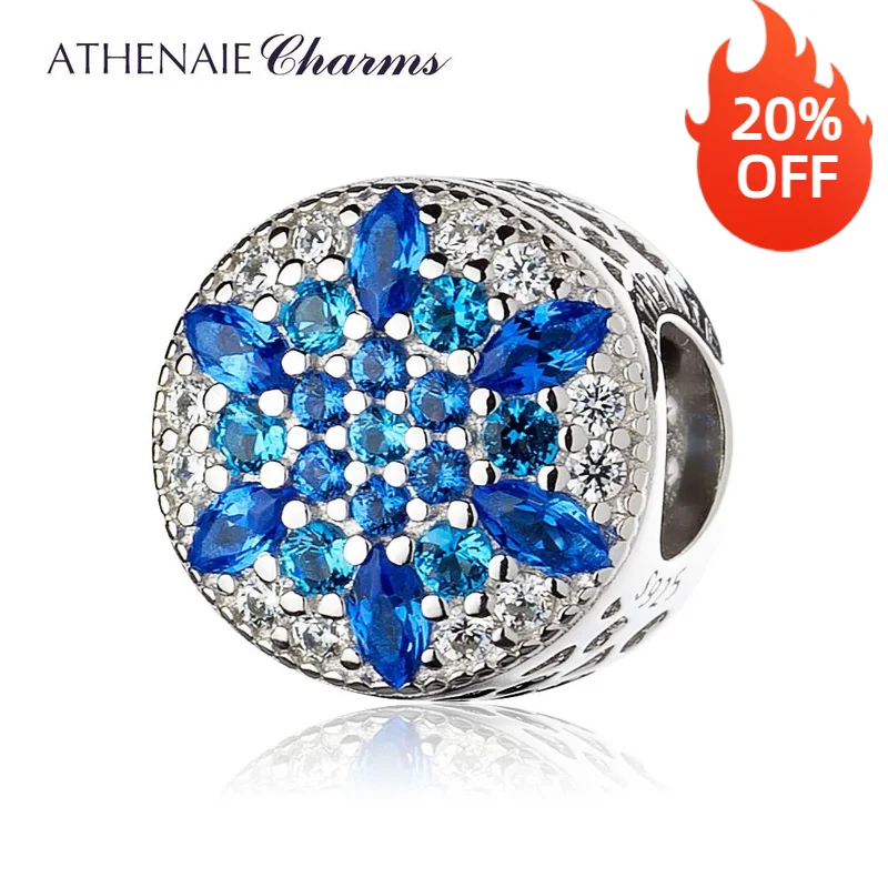 

ATHENAIE 925 Sterling Silver Blue Crystals & Clear CZ Crystalized Snowflake Charm Fit All European Bracelets Necklace