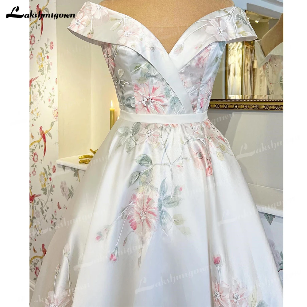 Luxury Satin With Printing Colorful Vintage Customized Wedding Dress Abito da Sposa Deep Bridal Reception Gown Sexy Bridal Dress